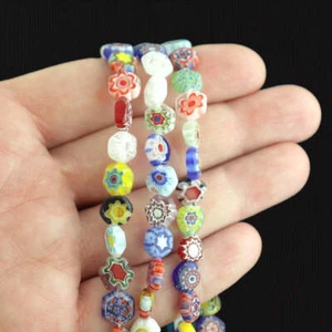 Hexagon Glass Beads 8mm - Assorted Floral Millefiori - 10 Beads - BD053 - Picture 1 of 1