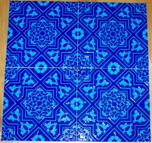 4 8"x8"  Iznik Raised Turquoise & Blue Floral & Geometric Pattern Ceramic Tile - Picture 1 of 2