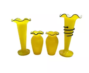 CZECH BOHEMIAN LOETZ YELLOW TANGO GLASS VASES WITH APPLIED BLACK RIMS GROUP OF 4 - Picture 1 of 12