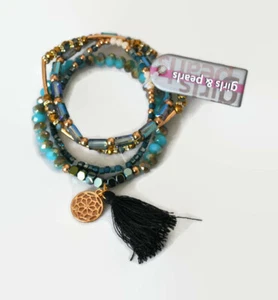 Boho Stylish Crystals And Tassel Elasticated Bracelets Set of 4 Jade Black Blue - Picture 1 of 23