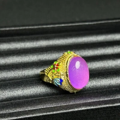 Real  Natural Inlay high Ice Burmese purple Jade Jadeite Amulet Rings - Image 1 of 4