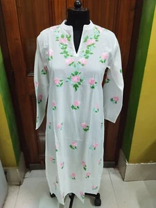 LONG M 40" L 42" TUNIC CHIKAN EMBROIDERY 100% COTTON HANDMADE KURTA TOP KURTI - Picture 1 of 11