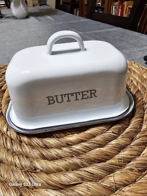 White Enamelware Butter Dish w/Lid Black Rim Butter Stick Holder Steel Farmhouse - Image 1 of 4
