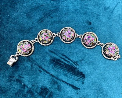 Винтажный браслет Sarah Coventry радужные цветочные медальоны серебристый тон 7 1/2 дюйма - Изображение 1 из 4