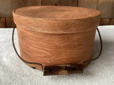 1800's Thick Walled Bale Handled Pantry Box 9 1/2” Salmon Painted Signed - Image 1 of 4