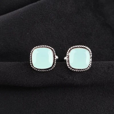 Gemelos artesanales de plata de ley 925 con piedras preciosas de calcedonia Aqua 0,61" Foto 1 de 4