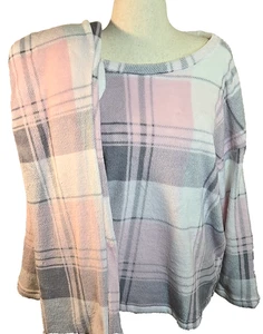 Joyspun rosa grau kariert Pyjama Set Langarm Oberteil Hose Plüsch Velours Strick 2X - Bild 1 von 6