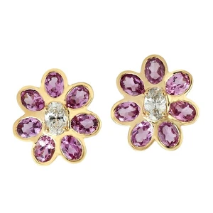 Orecchini con fiori e diamanti zaffiro rosa borchie in oro giallo 18 carati... - Foto 1 di 6