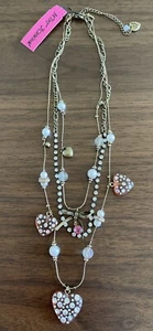 BETSEY JOHNSON MULTI-STRAND PINK LUCITE HEARTS RHINESTONES FAUX PEARLS NECKLACE - Picture 1 of 4