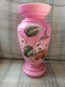 Opaline Glass Vase: Pink Floral/Bird Design: Hand Painted: Circa 1800s Rare - Picture 1 of 13