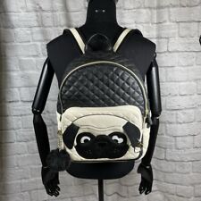 Betsy Johnson Pug Dog Backpack Black Fur Ball Key Chain Zipper Faux Leather 15"
