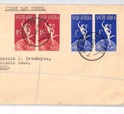 SOUTH AFRICA FDC 1949 *UPU* ANNIVERSARY Set PAIRS Jo'burg Registered USA MJ64 - Image 1 of 4