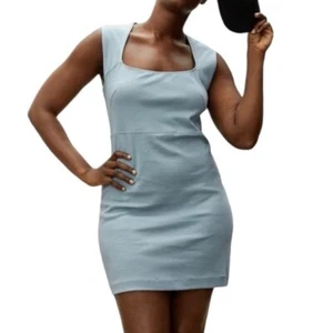 Abito EVERLANE anni 90 mini quadrato scollo a scoop cappuccio manica vetro marino blu linea A - Foto 1 di 13