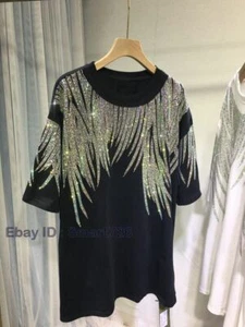 L-4XL Plus Size Tops Rhinestone Graphic T-shirts Summer Cotton Women's Clothing - Picture 1 of 32