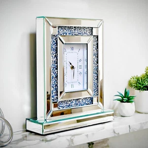 Mirrored Desk Clock Crushed Diamond Tabletop Clock Fireplace Mantel Console Deco - Picture 1 of 12