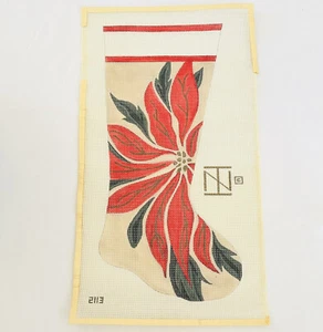 Poinsettia Christmas Stocking Handpainted Needlepoint Canvas 12ct Vintage - Picture 1 of 7