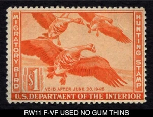 RW11 F/VF USED NO GUM THINS 1944 White-Fronted Geese Federal Duck Stamp - Picture 1 of 2