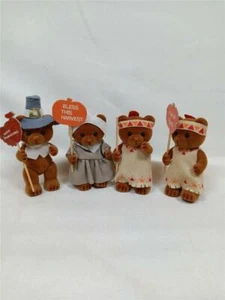 Thanksgiving Bears Applause 1987 Pilgrim Indian 4 Holliday Flocked Figurine 3.5" - Picture 1 of 9