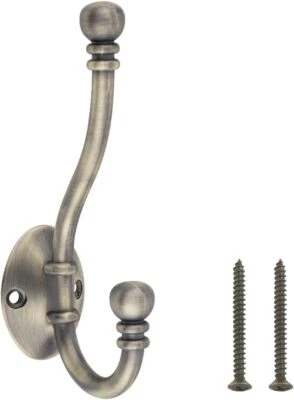 5 Pack Wall Mounted Traditional Metal Dual Coat Hooks w/ 10 Screws Antique Brass - Image 1 of 4