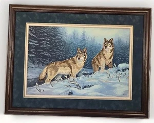 Needlepoint Crewel Wolves in Natural Snowy Forest Vintage Handmade - Signed Rare - Bild 1 von 6