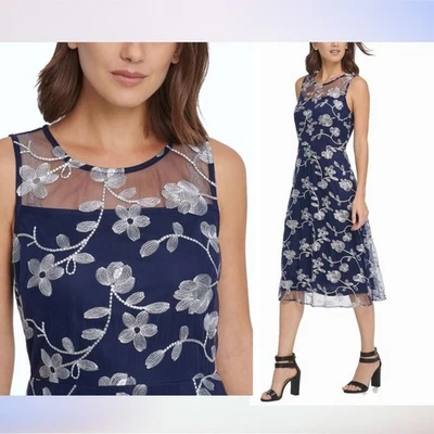 Nuevo $160 Vestido DKNY Floral Midi Sin Mangas Bordado Tapiz Boda Cóctel Foto 1 de 4