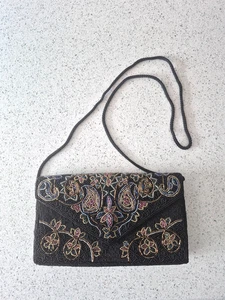 Vintage Glass bead Black Purse/ Evening Bag, Magnetic close Hand Bag - Picture 1 of 5