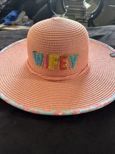 NWT Simply Southern Beach Hat " Wifey" Pink Flower Brim Sun Hat - Picture 1 of 7