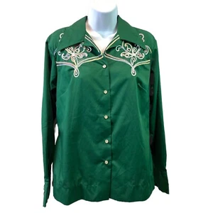 Vtg Tony Alamo Of Nashville Womens Shirt Green Embroidery Pearl Snaps Western M - Picture 1 of 10
