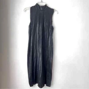 Anna Sui Vintage Black Wet Look Metallic Mock Neck Sleeveless Midi Dress 6 - Picture 1 of 5
