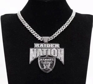 Raiders Nation Gem Chain 24" Iced Out Pendant Necklace NFL Fan Jewelry Silver - Picture 1 of 4