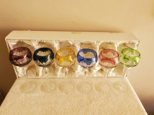 SKLO BOHEMIA CRYSTAL WINE GLASSES SET OF 6 DIFFERENT COLORS NEW IN BOX