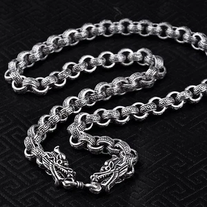 Solid 925 Sterling Silver Mens Heavy Patterned Dragon Rolo Chain Necklace 55cm - Picture 1 of 11