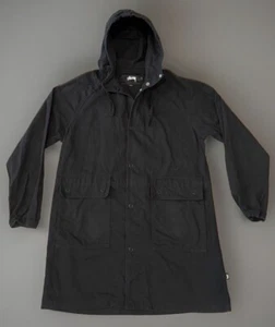 STUSSY Mens Long Parka Jacket Sz S Ripstop Unlined Hooded Black Snap Button - Picture 1 of 20