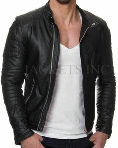 Nueva Chaqueta de Cuero Informal de Piel de Cordero Genuina para Hombre Negra Calce Ajustado Motociclista Motocicleta - Imagen 1 de 3