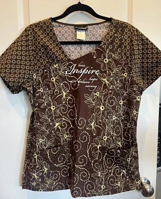 Cherokee Women’s Brown Floral Dot INSPIRE Scrub Top Short Sleeve SIZE MEDIUM - Image 1 of 4
