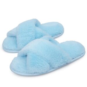 Womens Cross Band Memory Foam Fluffy Furry House Slippers Open Toe House Shoes