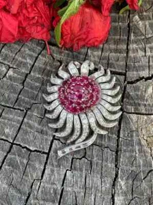 2 Ct Round Cut Simulated Pink Ruby Flower Brooch Pin In 14K White Gold Plated - Picture 1 of 7