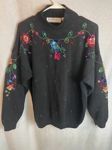 Maggie Lawrence Sweater Women’s Size L Large Black Sequins Beads Floral Great! - Picture 1 of 3