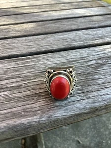 Vintage Large Red Coral 925 Whimsical Bohemian Western 7 Chunky Ring Handmade - Picture 1 of 10