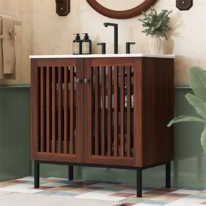 30" Vintage Bathroom Vanity with Sink,Bathroom Cabinet w/Slats Doors &Metal Legs - Picture 1 of 22