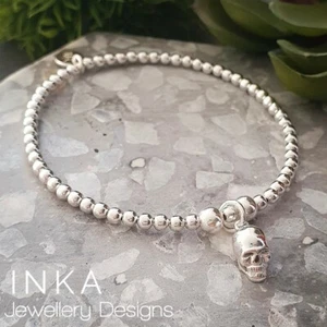 Bracciale Impilabile Perline Argento Sterling 925 Inca con Ciondolo Teschio 3D - Foto 1 di 6
