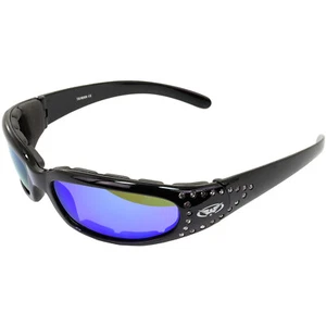 Global Vision Marilyn-3 Ladies Padded Biker Glasses Black Frame Blue Mirror Lens - Picture 1 of 9