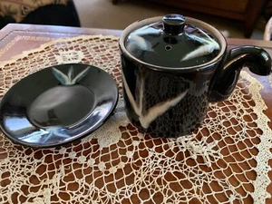 HAND PAINTED TEA CUP & SAUCER SET BLACK BIRD Japan MCM Asian Oriental Pottery - Picture 1 of 12