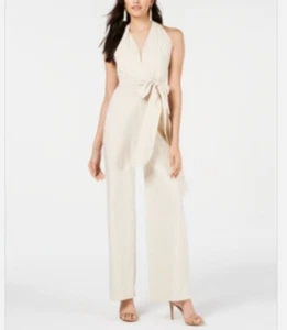 Womens Jumpsuit Size L Leyden Beige Belted Striped Backless Wide Leg - Picture 1 of 8