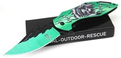 8" Snake Eye Tactical Green Fantasy Skull Spring Assisted Folding Knife - Image 1 of 4