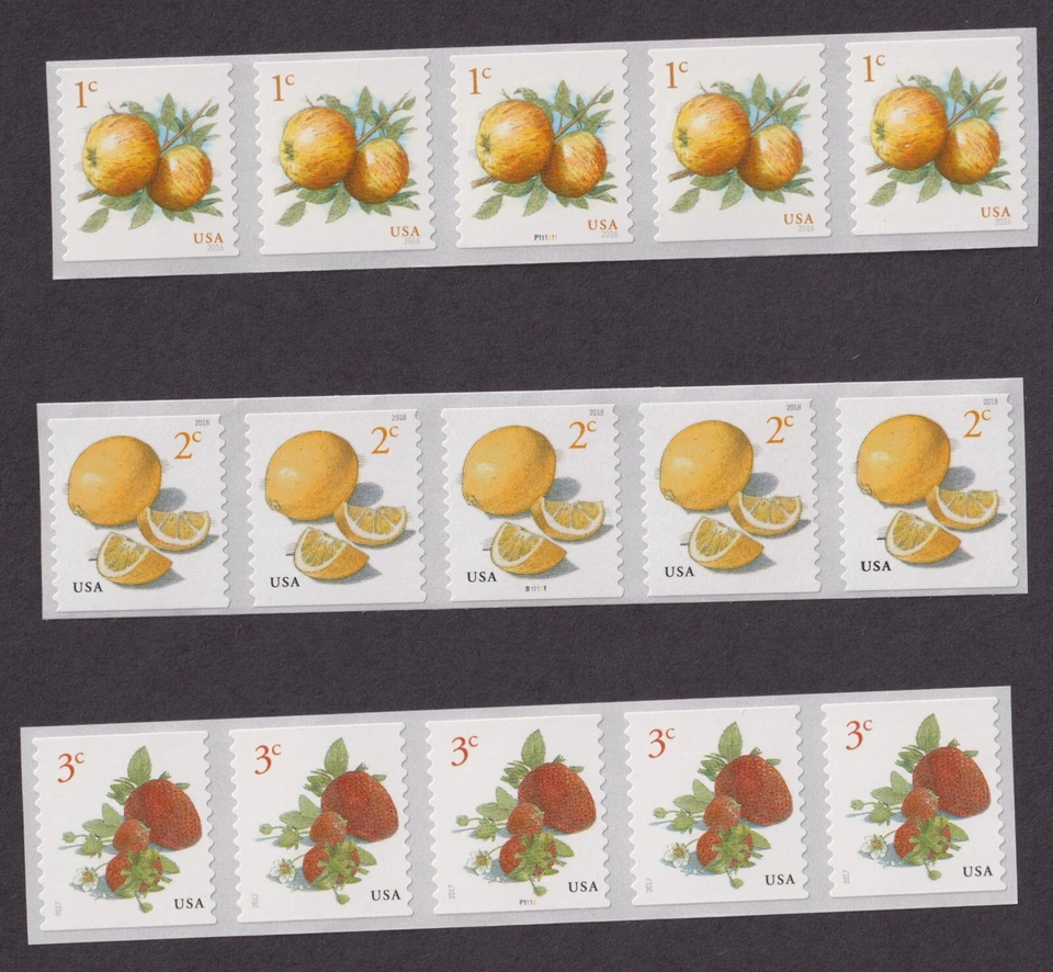 Scott #5037-5201-5256 Apples Lemons Strawberries Coil (PNC5) of 5 Stamps - MNH - Image 1 of 1