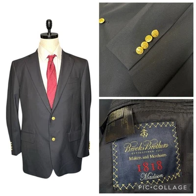 Blazer de lana Brooks Brothers 1818 Madison Loro Piana para hombre 41L negro dorado botones Foto 1 de 4