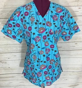 SB Teal Blue Floral Vines Medical Veterinary Scrub Top Shirt Ties At Back Size M - Picture 1 of 4