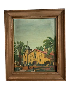 CALIFORNIA MISSION SANTA CLARA ILLUSTRATION ANTIQUE FOLK ART OIL PAINTING - Picture 1 of 24