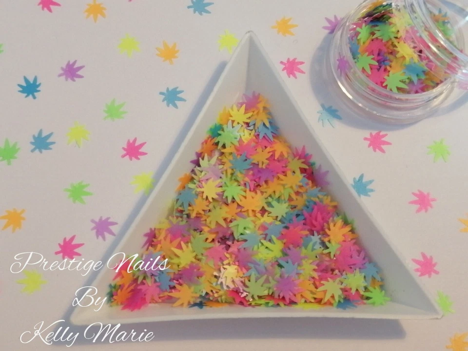 2ml Pot Bright Colours Weed Leaf 6mm Nail Art Decorations Sequins Neon Leaves  - Image 1 of 1